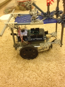 The BoE bot with IR sensors and some K'nex on board to add stuff to. 